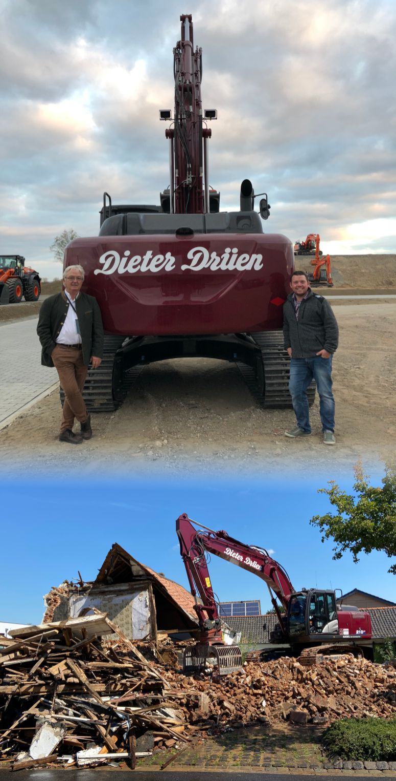 Zwei Mitarbeiter von Dieter Drüen vor einem Kettenbagger auf einer Baustelle